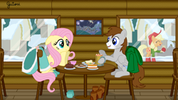 Size: 4447x2501 | Tagged: safe, artist:gutovi, applejack, fluttershy, oc, oc:darvise, pegasus, pony, g4, boots, cake, chocolate, clothes, coat, cookie, food, hot chocolate, pegasus oc, sandwich, shoes, snow, tea, winter outfit
