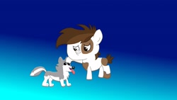 Size: 3264x1836 | Tagged: safe, artist:the double u, pipsqueak, oc, oc:arrow, earth pony, pony, wolf, fanfic:the knights of the night, g4, alternate universe, chest fluff, cub, foal, gradient background, pet, petting, tongue out, wolfpup