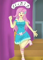 Size: 2630x3717 | Tagged: safe, artist:lennondash, fluttershy, equestria girls, equestria girls series, g4, breasts, busty fluttershy, cute, eyes closed, female, flutterguy, fluttershy boho dress, geode of fauna, high res, magical geodes, open mouth, open smile, raised leg, shyabetes, singing, smiling, teenager