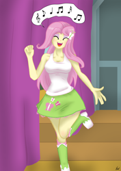 Size: 2630x3717 | Tagged: safe, alternate version, artist:lennondash, fluttershy, equestria girls, g4, breasts, busty fluttershy, cute, eyes closed, female, flutterguy, high res, open mouth, open smile, raised leg, shyabetes, singing, smiling, teenager