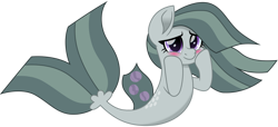 Size: 1280x582 | Tagged: safe, artist:cloudy glow, marble pie, earth pony, pony, seapony (g4), g4, blushing, cloudyglow is trying to murder us, cute, dorsal fin, eyelashes, female, fish tail, flowing mane, flowing tail, gray mane, hooves on cheeks, marblebetes, movie accurate, purple eyes, seaponified, simple background, smiling, solo, species swap, tail, transparent background