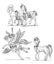 Size: 1029x1200 | Tagged: safe, artist:baron engel, oc, oc only, oc:lily dancer, oc:marigold, oc:raindrop (baron engel), oc:rivet, oc:stone mane (baron engel), earth pony, pegasus, pony, black and white, bow, bowtie, braid, butt, clothes, colt, dreamscape, exclamation point, female, filly, glasses, grayscale, hair bow, hug, jewelry, male, mare, monochrome, necklace, nudity, pencil drawing, plot, sheath, shirt, simple background, stallion, story included, traditional art, vest, white background