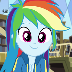 Size: 1000x1000 | Tagged: safe, artist:flutteryaylove, edit, edited screencap, screencap, rainbow dash, equestria girls, fluttershy's butterflies, fluttershy's butterflies: dj pon-3, g4, my little pony equestria girls: better together, absolute cleavage, adorasexy, breasts, busty rainbow dash, cleavage, clothes, cute, dashabetes, female, library, open clothes, sexy, smiley face, smiling, solo