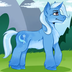 Size: 1600x1600 | Tagged: safe, artist:bennythebunny95, trixie, pony, unicorn, g4, chest fluff, colored hooves, female, fluffy, mare, profile, smiling, solo, unshorn fetlocks
