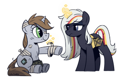 Size: 2300x1500 | Tagged: safe, artist:php104, oc, oc:littlepip, oc:velvet remedy, pony, unicorn, fallout equestria, bandage, cute, duo, female, frown, magic, mare, ocbetes, pipabetes, simple background, smiling at someone, transparent background, unamused