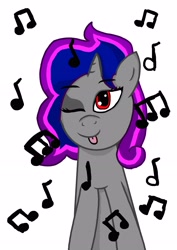 Size: 2480x3508 | Tagged: safe, artist:shadowsky, oc, oc only, oc:star blink, pony, unicorn, :p, cute, eyebrows, eyebrows visible through hair, high res, horn, music notes, one eye closed, red eyes, simple background, tongue out, unicorn oc