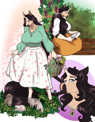 Size: 1764x2253 | Tagged: safe, artist:blackblood-queen, oc, oc only, oc:beryl lovegreen, pig, unicorn, anthro, unguligrade anthro, anthro oc, basket, beauty mark, big breasts, blouse, blue eyes, book, bouquet of flowers, breasts, clothes, cloven hooves, cottagecore, curved horn, curvy, digital art, female, flower, food, gilf, grandmother, grapes, hair tie, horn, huge breasts, large voluminous hair, leonine tail, looking down, mare, milf, piglet, reading, scenery, skirt, smiling, sweater, sweater puppies, unicorn oc