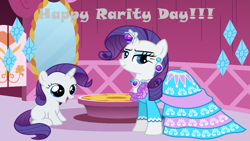 Size: 1079x610 | Tagged: safe, artist:crimsonlynx97, artist:estories, artist:greywander87, artist:lachlancarr1996, artist:mpnoir, rarity, pony, unicorn, g4, caption, carousel boutique, clothes, cutie mark, dress, duality, female, filly, filly rarity, self ponidox, text, time paradox, younger