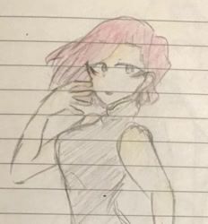 Size: 945x1019 | Tagged: safe, artist:metaruscarlet, pinkie pie, human, g4, alternate hairstyle, clothes, female, humanized, lined paper, pinkamena diane pie, sketch, sleeveless, sleeveless sweater, solo, sweater, traditional art