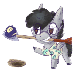 Size: 1832x1728 | Tagged: safe, artist:lbrcloud, oc, oc only, oc:moon ray, pegasus, pony, animal crossing, clothes, fossil, glasses, hawaiian shirt, male, pegasus oc, shirt, shovel, simple background, solo, wings