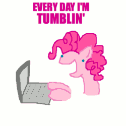 Size: 500x500 | Tagged: safe, artist:askpinkiepieandfriends, pinkie pie, earth pony, pony, g4, animated, computer, female, laptop computer, mare, open mouth, open smile, simple background, smiling, solo, tumblr, white background
