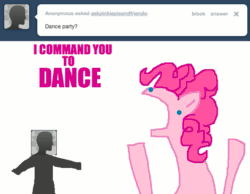 Size: 643x500 | Tagged: safe, artist:askpinkiepieandfriends, pinkie pie, oc, oc:anon, pony, g4, animated, ask, dancing, duo, female, flailing, gif, mare, simple background, tumblr, white background