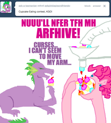 Size: 636x700 | Tagged: safe, artist:askpinkiepieandfriends, pinkie pie, spike, dragon, earth pony, pony, g4, adult, adult spike, ask, cupcake, dialogue, eating, eating contest, female, food, mare, older, older spike, open mouth, simple background, that pony sure does love cupcakes, tumblr, white background