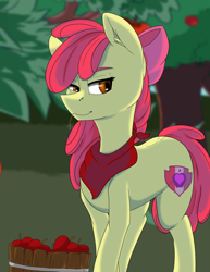 Size: 5100x6600 | Tagged: safe, artist:lula-moonarts, apple bloom, earth pony, pony, g4, apple, bucket, female, filly, food, neckerchief, solo, straw in mouth