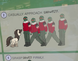 Size: 1080x848 | Tagged: safe, artist:anonymous, oc, oc only, oc:anon, oc:frosty flakes, human, pony, yakutian horse, casually approach, coat markings, looking at each other, meme, ponified, ponified meme, snow mare, snowpity, socks (coat markings)