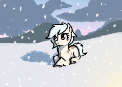 Size: 973x694 | Tagged: safe, artist:neuro, oc, oc only, pony, yakutian horse, animated, blinking, c:, cute, eye shimmer, eyes closed, female, fluffy, gif, looking at you, lying down, mare, ocbetes, prone, smiling, snow, snow mare, snowfall, solo, unshorn fetlocks