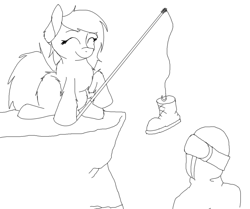 Size: 2411x2019 | Tagged: safe, artist:anonymous, oc, oc only, oc:anon, human, pony, yakutian horse, bait, black and white, boot, chest fluff, duo, eyes closed, female, fishing rod, fluffy, grayscale, high res, hoof hold, mare, monochrome, reaction image, simple background, smiling, snow mare, this is bait, white background