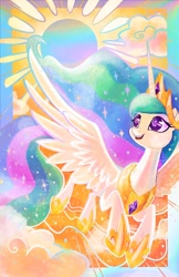 Size: 1324x2048 | Tagged: safe, artist:sophie scruggs, princess celestia, alicorn, pony, g4, cloud, colored pupils, female, flying, mare, open mouth, solo, sparkly eyes, spread wings, sun, wingding eyes, wings