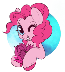 Size: 1017x1124 | Tagged: safe, artist:lulubell, pinkie pie, earth pony, pony, g4, bust, cute, female, flower, grin, looking at you, mare, one eye closed, smiling, solo, tulip, unshorn fetlocks, wink, winking at you