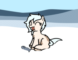 Size: 847x653 | Tagged: safe, artist:neuro, oc, oc only, fish, pony, yakutian horse, animated, eating, eyes closed, female, filly, foal, food, meat, ponies eating meat, sitting, snow, snow mare, solo