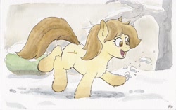 Size: 2604x1632 | Tagged: safe, artist:lost marbles, oc, oc only, oc:golden branch, earth pony, pony, yakutian horse, female, high res, kicking, mare, open mouth, open smile, smiling, snow, snow mare, solo, traditional art, tree, watercolor painting