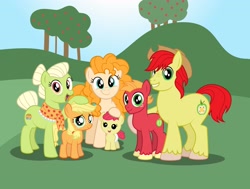 Size: 3120x2355 | Tagged: safe, artist:aleximusprime, apple bloom, applejack, big macintosh, bright mac, granny smith, pear butter, earth pony, pony, fanfic:apple family memories, flurry heart's story, g4, apple, apple family, apple tree, baby, baby apple bloom, blank flank, bright mac's hat, clothes, colored hooves, colt, colt big macintosh, diaper, family photo, father and child, father and daughter, father and son, female, filly, filly applejack, freckles, granny smith's shawl, high res, hoof on head, like father like daughter, like father like son, like mother like daughter, like mother like son, like parent like child, looking at you, male, mare, mother and child, mother and daughter, mother and son, smiling, stallion, tree, unshorn fetlocks, young, younger