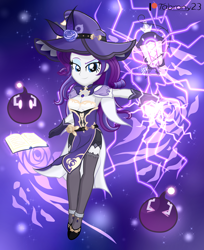 Size: 1738x2133 | Tagged: safe, artist:tabrony23, rarity, equestria girls, g4, bedroom eyes, bomb, book, breasts, busty rarity, clothes, cosplay, costume, cute, dreamworks face, electricity, female, genshin impact, gloves, hat, lamp, lisa (genshin impact), looking at you, magic, patreon, patreon logo, sexy, shoes, show accurate, slimes (genshin impact), smiling, smiling at you, solo, weapon, witch hat