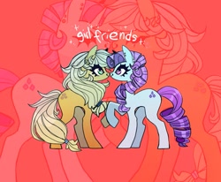 Size: 885x730 | Tagged: safe, artist:cutesykill, applejack, rarity, earth pony, pony, unicorn, g4, alternate design, female, girlfriend, kissing, lesbian, nose kiss, red background, ship:rarijack, shipping, simple background, sparkly eyes, text, wingding eyes
