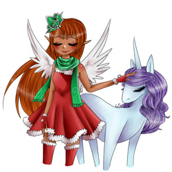 Size: 867x871 | Tagged: safe, artist:libragrey, oc, oc only, human, pony, unicorn, clothes, dark skin, dress, duo, female, horn, petting, scarf, simple background, smiling, unicorn oc, white background, wings