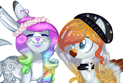 Size: 937x633 | Tagged: safe, artist:aonairfaol, oc, pegasus, pony, rabbit pony, base used, beanie, collar, duo, female, floral head wreath, flower, hat, mare, pegasus oc, smiling, two toned wings, wings