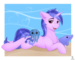Size: 2500x2000 | Tagged: safe, artist:monsoonvisionz, sea swirl, seafoam, dolphin, octopus, pony, unicorn, g4, background pony, commission, cute, female, high res, lying down, mare, plushie, prone, seadorable, smiling, solo, sternocleidomastoid