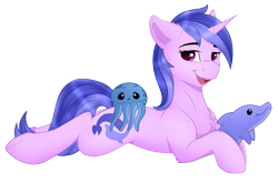 Size: 2497x1653 | Tagged: safe, alternate version, artist:monsoonvisionz, sea swirl, seafoam, dolphin, octopus, pony, unicorn, g4, background pony, commission, cute, female, lying down, mare, plushie, prone, simple background, smiling, solo, sternocleidomastoid, transparent background