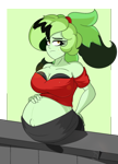 Size: 1800x2500 | Tagged: safe, artist:diamondgreenanimat0, oc, oc only, oc:diamondgreen, equestria girls, belly, belly button, belly touch, big belly, big breasts, breasts, brown eyes, clothes, female, green background, hand on hip, midriff, outie belly button, pain, pregnant, shirt, shirt lift, simple background, solo, version, watching, white background