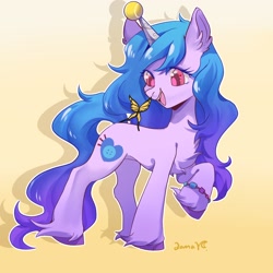 Size: 2048x2048 | Tagged: safe, artist:qamar, izzy moonbow, butterfly, insect, pony, unicorn, g5, ball, bracelet, chest fluff, cute, ear fluff, female, happy, high res, horn, horn impalement, hornball, izzy's tennis ball, izzybetes, jewelry, mare, raised hoof, raised tail, smiling, solo, tail, tennis ball, unshorn fetlocks