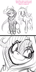 Size: 1000x1998 | Tagged: safe, artist:lil miss jay, fluttershy, oc, oc:snake eyes, pegasus, pony, g4, clothes, comic, dialogue, floating wings, hoodie, impending disaster, this will end in tears, this will not end well, wings