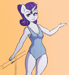 Size: 4000x4300 | Tagged: safe, artist:ranillopa, rarity, unicorn, anthro, g4, absurd resolution, alternate hairstyle, ballet, breasts, busty rarity, clothes, digital art, female, gradient background, horn, leotard, looking at you, one-piece swimsuit, outfit, simple background, small breasts, smiling, solo, swimsuit, tail, thighs, training