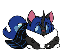 Size: 2377x1928 | Tagged: safe, artist:rivibaes, part of a set, oc, oc only, oc:swift dawn, changeling, pony, bed bug, blanket, blue changeling, blushing, changeling oc, comfy, commission, cuddly, cute, cuteling, eyebrows, eyebrows visible through hair, high res, horn, hug, male, ocbetes, pillow, pillow hug, simple background, snug, solo, stallion, transparent background, wings, ych result
