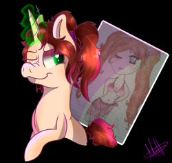 Size: 851x803 | Tagged: safe, artist:milledpurple, oc, oc only, human, pony, unicorn, black background, bust, duo, female, glowing horn, horn, humanized, mare, one eye closed, signature, simple background, smiling, traditional art, unicorn oc, wink
