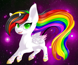 Size: 5102x4251 | Tagged: safe, artist:schokocream, oc, oc only, oc:lightning bliss, alicorn, pony, abstract background, alicorn oc, colored hooves, cute, female, horn, mare, multicolored hair, ocbetes, rainbow hair, solo, wings