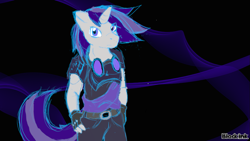 Size: 1137x640 | Tagged: safe, artist:infinitedge2u, oc, oc only, unicorn, anthro, abstract background, clothes, fingerless gloves, gloves, horn, signature, solo, sunglasses, unicorn oc