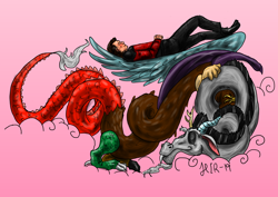 Size: 2912x2059 | Tagged: safe, artist:iluarts, discord, draconequus, human, g4, 2019, cloud, high res, lying down, lying on top of someone, male, pink background, q, simple background, sleeping, snuggling, star trek, star trek: the next generation