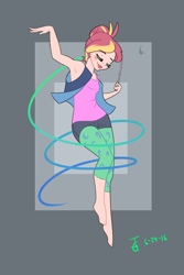 Size: 800x1200 | Tagged: safe, alternate version, artist:joan-grace, oc, oc only, oc:giselle, human, abstract background, clothes, dancing, female, humanized, humanized oc, offspring, offspring's offspring, parent:oc:lucky star, parent:oc:rosemary, parents:oc x oc, signature, smiling, solo