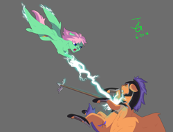 Size: 2600x2000 | Tagged: safe, artist:joan-grace, oc, oc only, pegasus, pony, duo, female, fight, flying, gray background, helmet, high res, lightning, male, mare, open mouth, pegasus oc, signature, simple background, spear, stallion, weapon