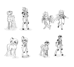 Size: 2116x1928 | Tagged: safe, artist:joan-grace, oc, oc only, earth pony, pegasus, anthro, unguligrade anthro, armor, clothes, duo, earth pony oc, female, glasses, grayscale, male, mare, monochrome, pegasus oc, smiling, stallion, wings
