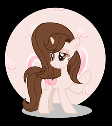 Size: 1168x1312 | Tagged: safe, artist:amicasecretuwu, oc, oc only, oc:melody notes, pony, unicorn, artificial wings, augmented, brown eyes, brown mane, female, horn, magic, magic wings, mare, raised hoof, smiling, solo, standing, unicorn oc, wings