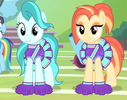 Size: 646x512 | Tagged: safe, screencap, lighthoof, rainbow dash, shimmy shake, earth pony, pegasus, pony, 2 4 6 greaaat, g4, season 9, blue eyes, cheerleader, cheerleader outfit, clothes, coach rainbow dash, cropped, female, folded wings, mare, offscreen character, orange eyes, shadow, standing, wings