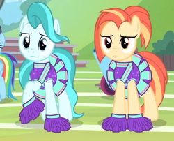 Size: 646x523 | Tagged: safe, screencap, lighthoof, rainbow dash, shimmy shake, earth pony, pegasus, pony, 2 4 6 greaaat, g4, season 9, blue eyes, cheerleader, cheerleader outfit, clothes, coach rainbow dash, cropped, feathered wings, female, folded wings, mare, offscreen character, orange eyes, raised hoof, shadow, standing, wings