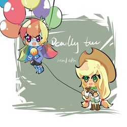 Size: 650x650 | Tagged: dead source, safe, artist:过激黛西妈妈粉, applejack, rainbow dash, equestria girls, g4, balloon, blush sticker, blushing, chibi, cute, dashabetes, female, floating, happy, jackabetes, lesbian, open mouth, open smile, ship:appledash, shipping, simple background, smiling, sparkly eyes, then watch her balloons lift her up to the sky, wingding eyes