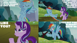 Size: 1280x720 | Tagged: safe, edit, edited screencap, editor:quoterific, screencap, rainbow dash, starlight glimmer, pegasus, pony, unicorn, g4, no second prances, season 6, crossed hooves, duo, duo female, eyes closed, female, flying, mare, open mouth, spread wings, wings