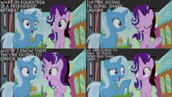 Size: 1280x720 | Tagged: safe, edit, edited screencap, editor:quoterific, screencap, starlight glimmer, trixie, pony, unicorn, all bottled up, g4, season 7, bag, duo, duo female, eyes closed, female, friendship express, mare, open mouth, saddle bag, smiling, train, train station